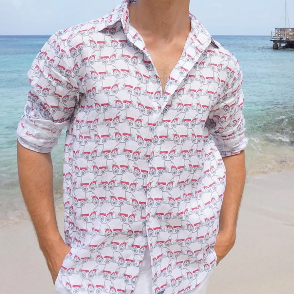 Pink House Mustique Mule Linen Golf Cart Print Shirt Medium